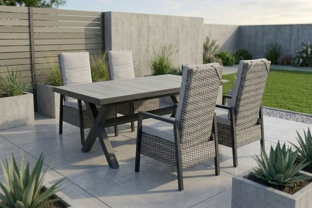 OUTFLEXX Louvra 2 Garten-Essgruppe aus Polyrattan und Aluminium in Natur/Anthrazit mit 4 Sesseln und ausziehbarer Keramik-Tischplatte, Tisch B: 100 cm, H: 75 cm, L: 160/210 cm - Bild 1