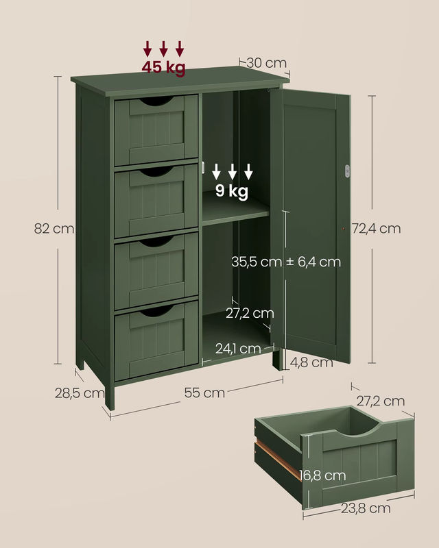 VASAGLE Badezimmerschrank als schmaler Badschrank und Kommode mit 4 Schubladen, Schranktür und verstellbarer Ablage in Blau oder Grün - Bild 4