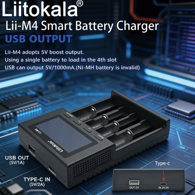 LiitoKala Lii-M4 Intelligentes 4-Slot Batterieladegerät mit LCD-Anzeige und Kapazitätstestfunktion in Schwarz für 18650 26650 21700 AA AAA - Bild 1