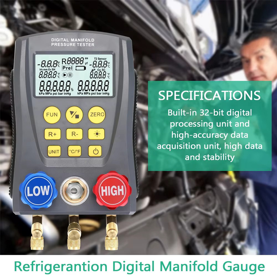 Podofo Digitales Manometer-Set für HVAC-Kältemittel mit Druckprüfer, Vakuum- und Temperaturmessgerät sowie integrierter Kältemitteldatenbank für Klimaanlagen - Bild 4