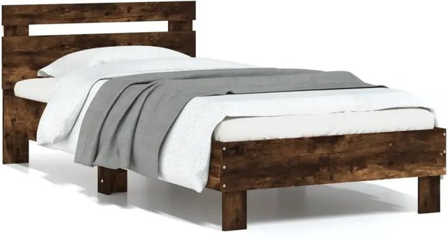 vidaXL Bettgestell mit Kopfteil in Räuchereiche, modern mit LED-Leuchten und USB-Ladeport, Farbe Braun, B: 75 cm, T: 193 cm, H: 80 cm - Bild 1