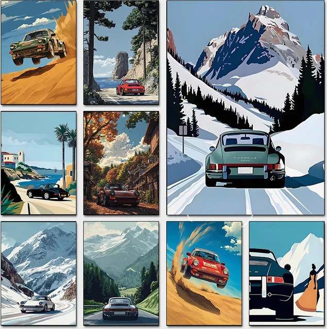 Potdemiel Alpine Drive Poster Vintage Alpine Tour Cartoon Leinwandgemälde Wandkunst Mehrfarbig - Bild 1
