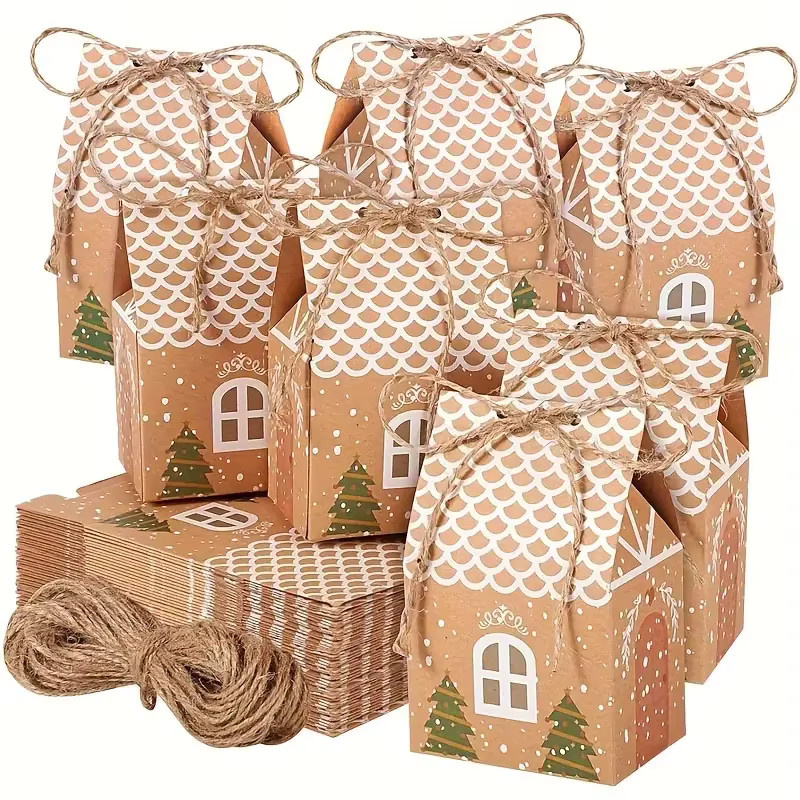 10 Stück Weihnachts Geschenkboxen aus braunem Kraftpapier in Hausform für Süßigkeiten und Kekse - Bild 2