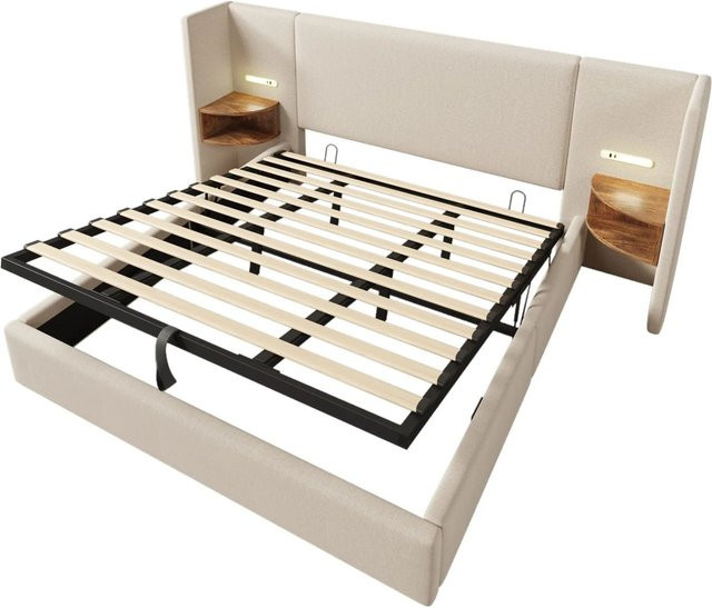 Merax Polsterbett mit integriertem Nachttisch, USB-C Anschluss und Leselampe in Beige, B/T/H: 180 x 200 x 252 x 213 x 104 cm - Bild 1
