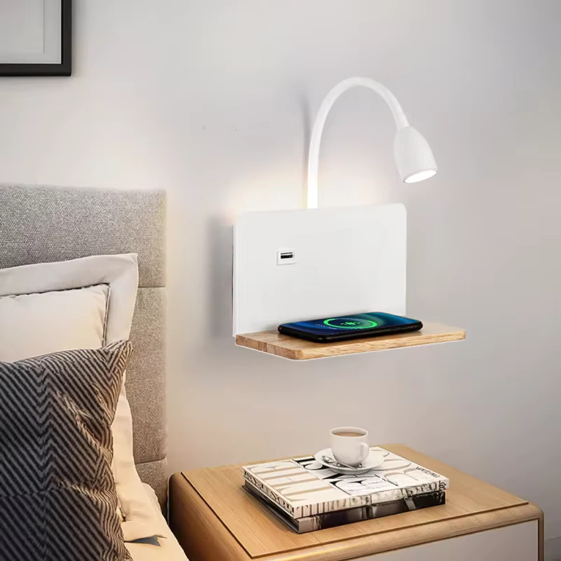 YooE LED Wandleuchte aus Holz mit integrierter LED, kabelloses Laden via USB und drehbarem Lampenkopf, Schwarz/Weiß - Bild 5
