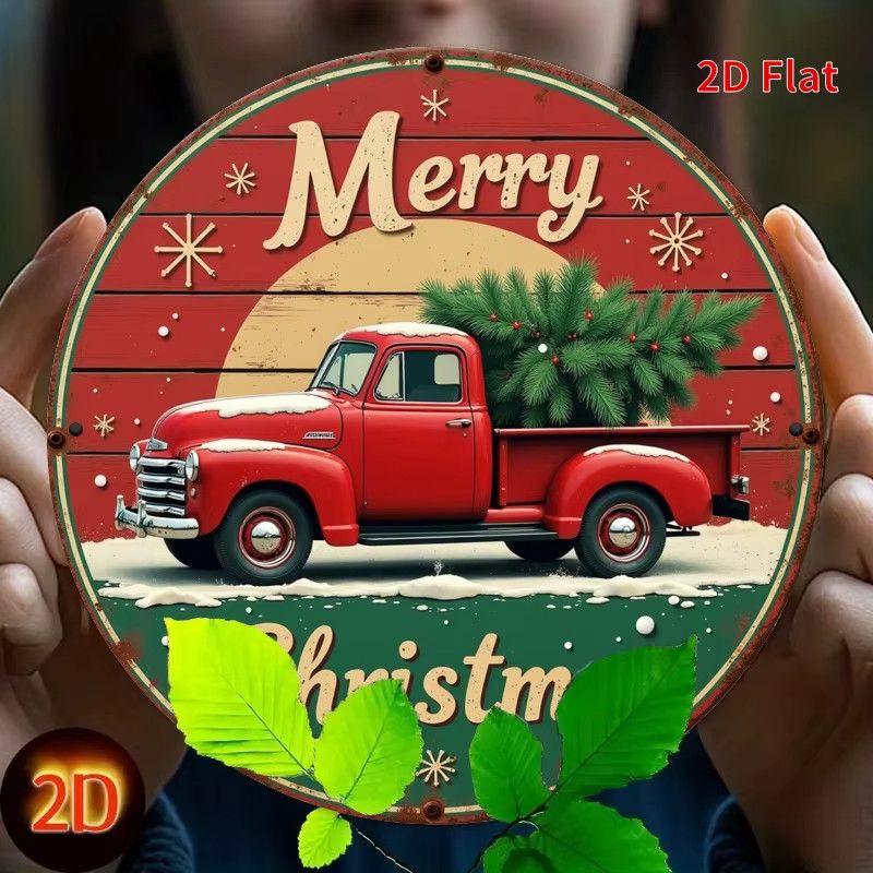Runde Weihnachts-Wanddekoration aus Metall von Potdemiel mit rotem LKW und Weihnachtsbaum-Design in Rot - Bild 3