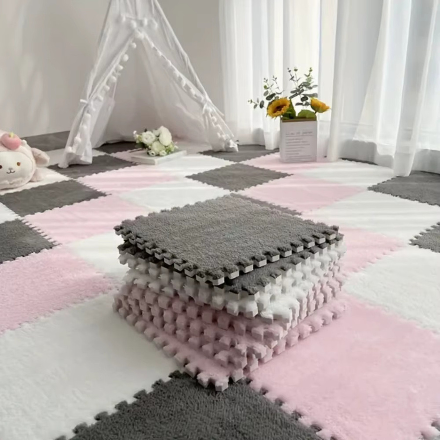 DHDH 20-teilige weiche Plüsch-Babymatte aus EVA-Schaum und Polyester, rutschfeste Puzzle-Spielmatte für Kinderzimmer, Schlafzimmer oder Balkon, Farbe: Weiß - Bild 5