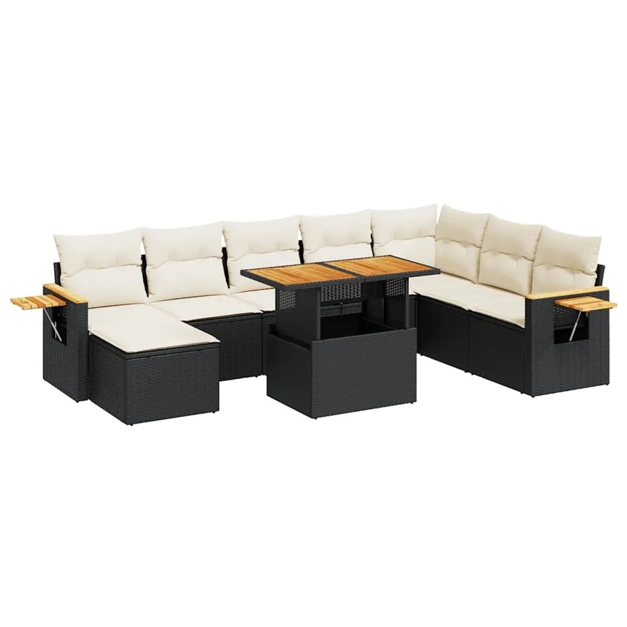 vidaXL 9-teilige Garten-Sofagarnitur in U-Form aus Poly-Rattan und Akazienholz mit Kissen in Schwarz-Creme - Bild 2