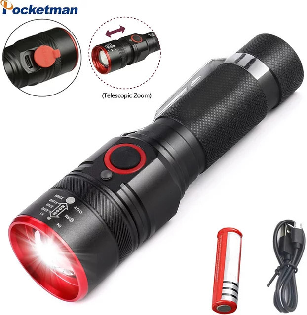 POCKETMAN LED-Taschenlampe mit Zoom und Akku, wasserdicht, Schwarz - Bild 1