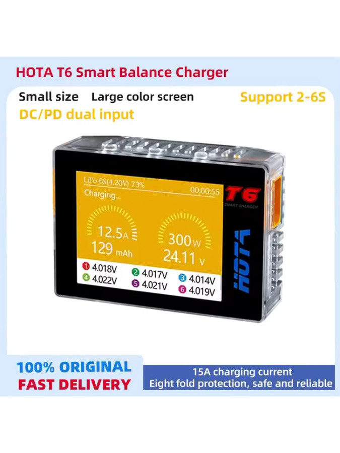 HOTA T6 Smart Charger DC/PD Dual Input 300 W mit 2,4 IPS Display, XT60 und USB-C Schnittstellen, kompatibles PD3.0 FPV RC-Akkuladegerät - Bild 3
