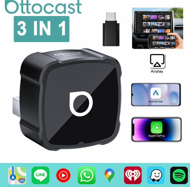 OTTOCAST MINI AIR Cube 4.0 Kabelloser CarPlay und Android Auto Adapter mit Airplay Bildschirmspiegelung, 3-in-1 Dongle, Schwarz - Bild 1