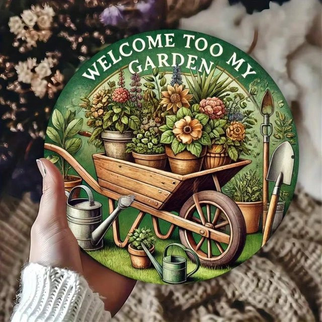 CIFBUY Retro Garten-Willkommensschild aus Metall in Weiß und Mehrfarbig, Rundes Wandkunst-Dekor mit floralem Design, Durchmesser: 19,81 cm - Bild 1