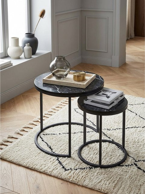 KADIMA DESIGN Beistelltisch 2er Set in Marmoroptik, rund, Metall, Schwarz, B/T/H: 50 x 50 x 45 cm - Bild 1