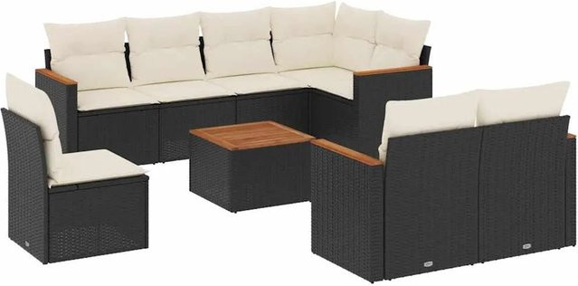 vidaXL 9-teilige Garten-Sofagarnitur aus Poly-Rattan und Akazienholz in Schwarz mit cremeweißen Kissen - Bild 1