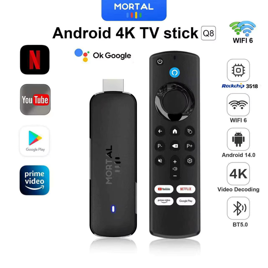 Mortal Q8 Android TV Stick Globale Version mit Sprachfernbedienung, Android 14, 8K und 4K Video, Wifi6, Schwarz - Bild 3