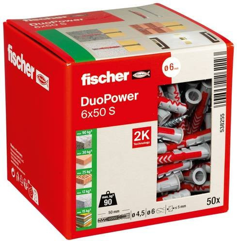 Fischer DuoPower Universal-Dübel aus Nylon, Farbe: Grau/Rot, Durchmesser: 6 mm, Länge: 50 mm, 50 Stück - Bild 2