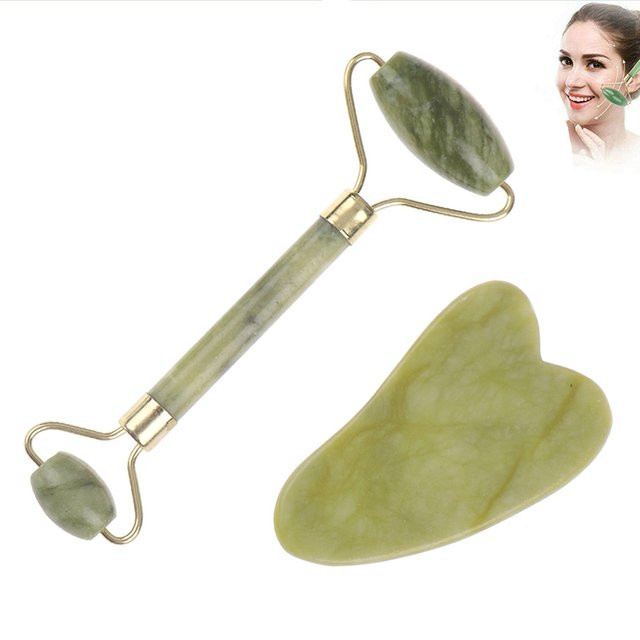 HNKMP Jade Roller und Gua Sha Set, Rose Jade, Gesicht und Körper - Bild 1