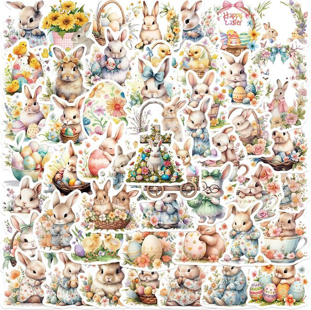 PickJoy Florale Osterei-Hasen-Cartoon-Aufkleber, 50-teiliges Set, multicolor - Bild 1