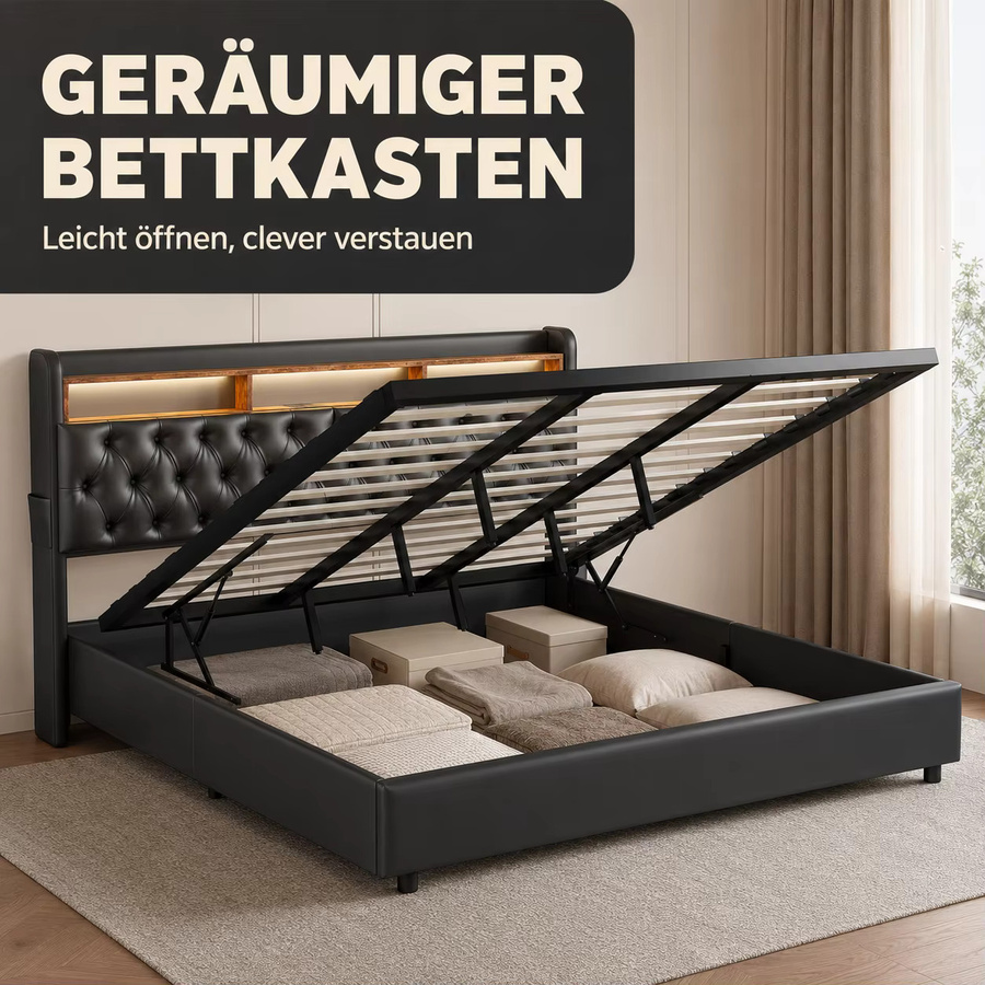 KeepGoon Polsterbett mit Staufach und Hydraulik-Bettkasten in Schwarz, B/T: 180 x 200 cm - Bild 5
