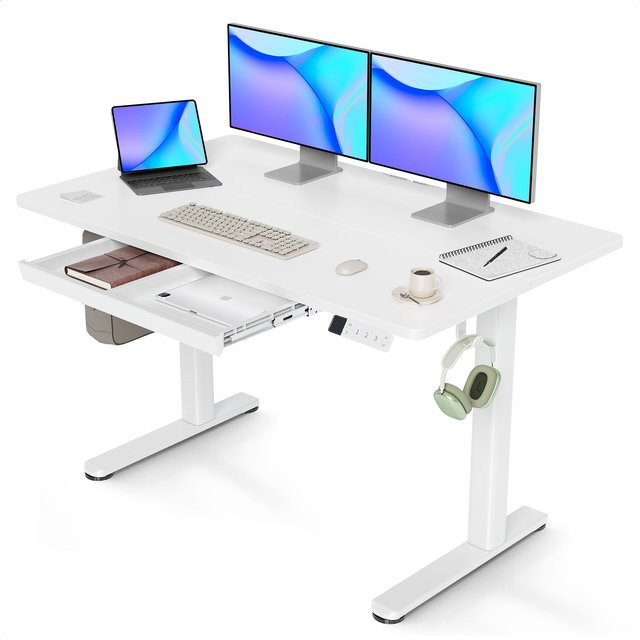 Claiks Elektrisch Höhenverstellbarer Schreibtisch mit Schublade und 3-Funktions-Memory, Weiß Matt, B: 120 cm, T: 60 cm - Bild 1
