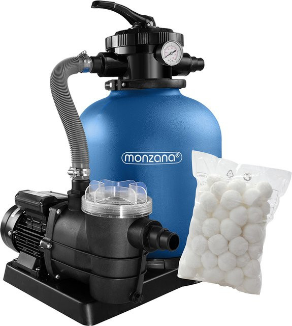 Monzana Sandfilteranlage mit Vorfilter und 1,2 kg Filterbällen, 11000 l/h, Schwarz-Blau-Weiß - Bild 1