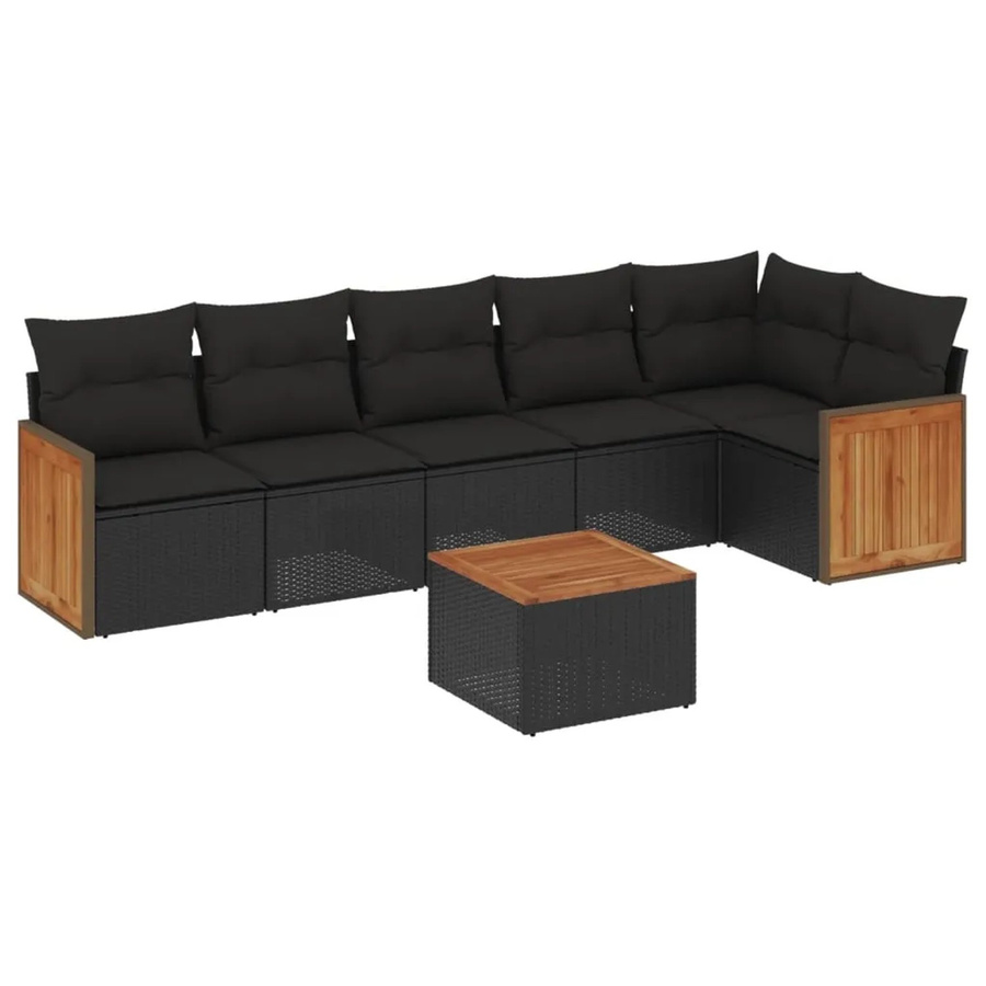vidaXL 7-tlg Garten-Sofagarnitur in L-Form aus Polyrattan und Akazienholz mit Kissen, Schwarz - Bild 2