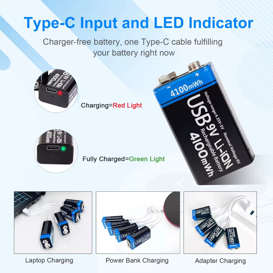 Kuugro 9V Li-Ionen-Batterie 4100mWh mit USB-C Anschluss, wiederaufladbare 6F22 Blockbatterie in Schwarz für RC-Helikopter, Multimeter und Spielzeug - Bild 4