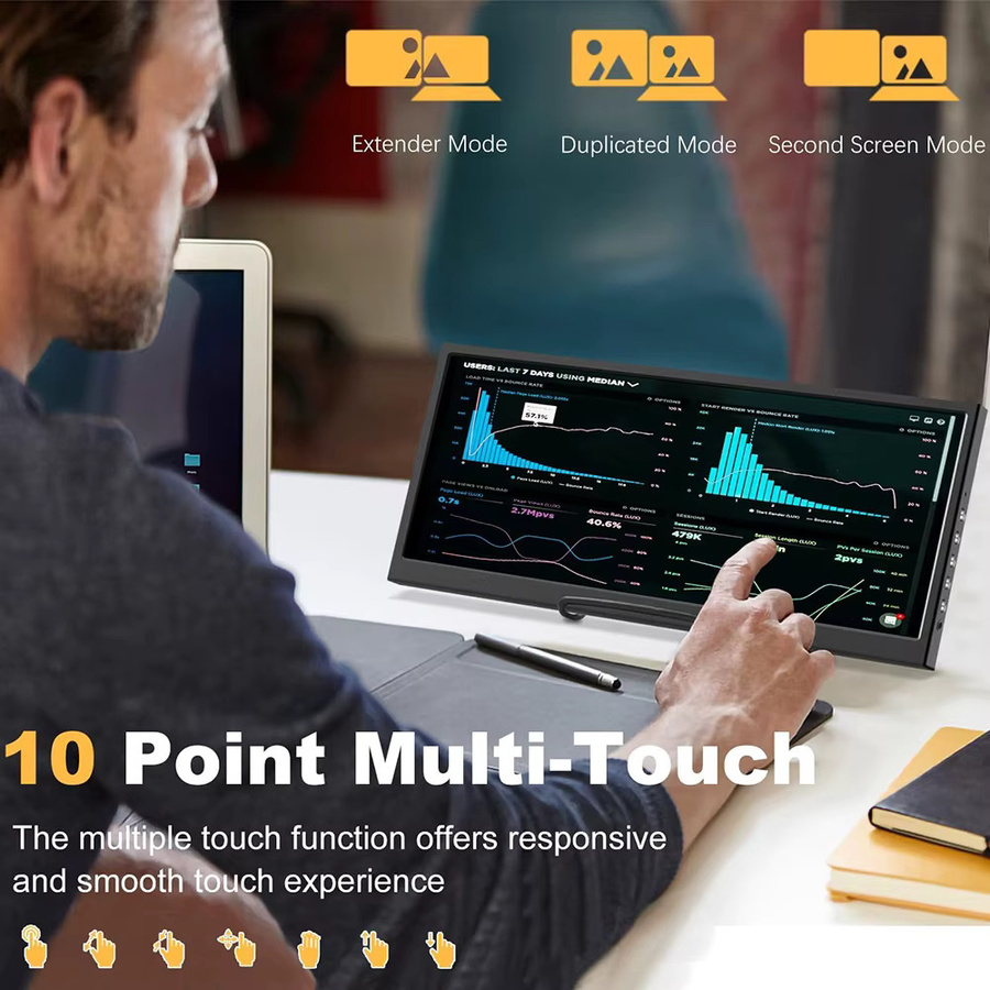 Pisichen Tragbarer 12,3 Zoll Monitor mit Touchscreen, IPS LCD Display, HDMI und USB-C, Schwarz - Bild 4