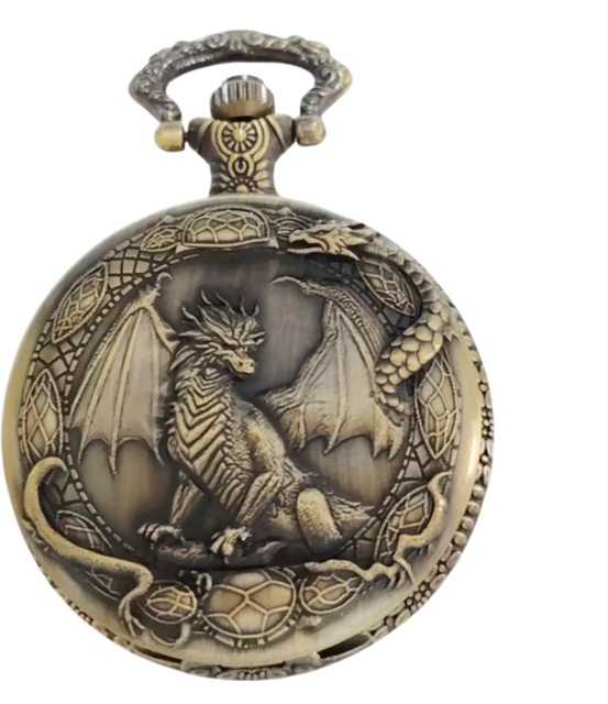 wecin Quarz-Taschenuhr, Drachenschnitzerei, Messing, Silber, Unisex - Bild 1