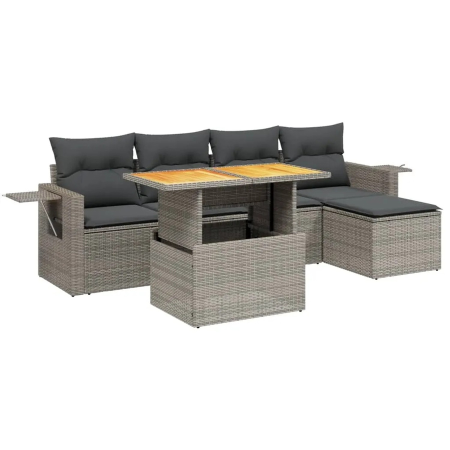 vidaXL 6-teilige Garten-Sofagarnitur aus Poly-Rattan und Akazienholz in Grau mit Kissen - Bild 2