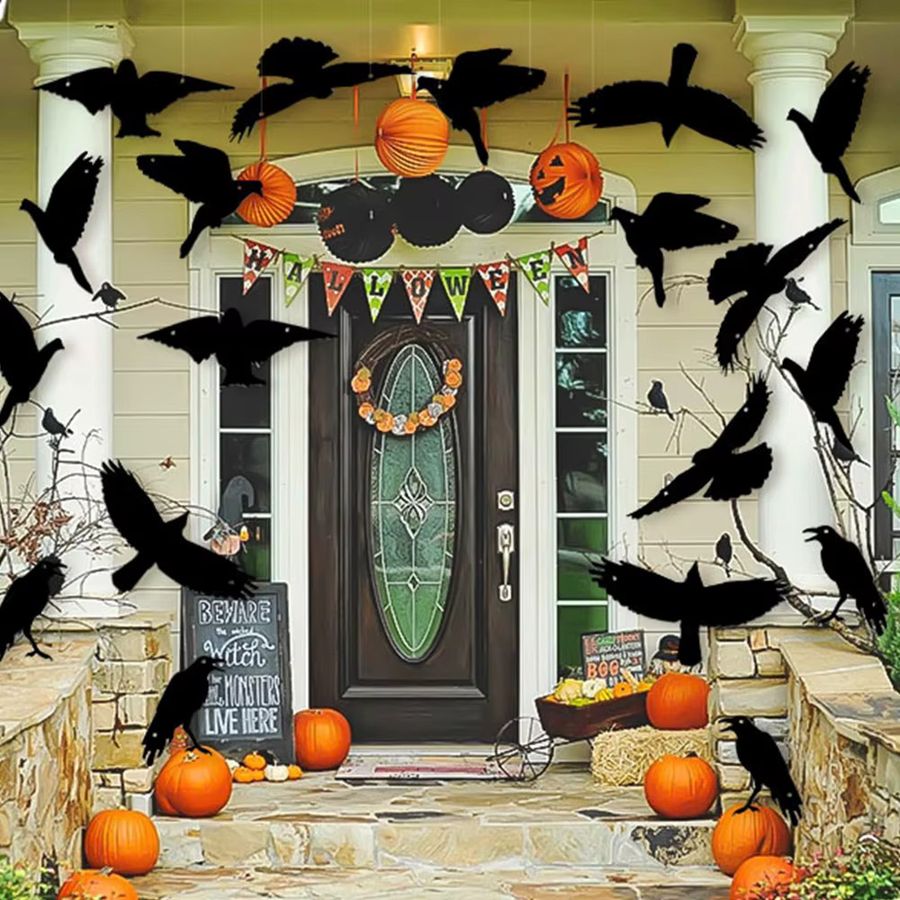 Runtowo 12 Stück Halloween Hängeornamente Schwarze Krähen als DIY Hängeanhänger für Horror-Dekoration - Bild 2