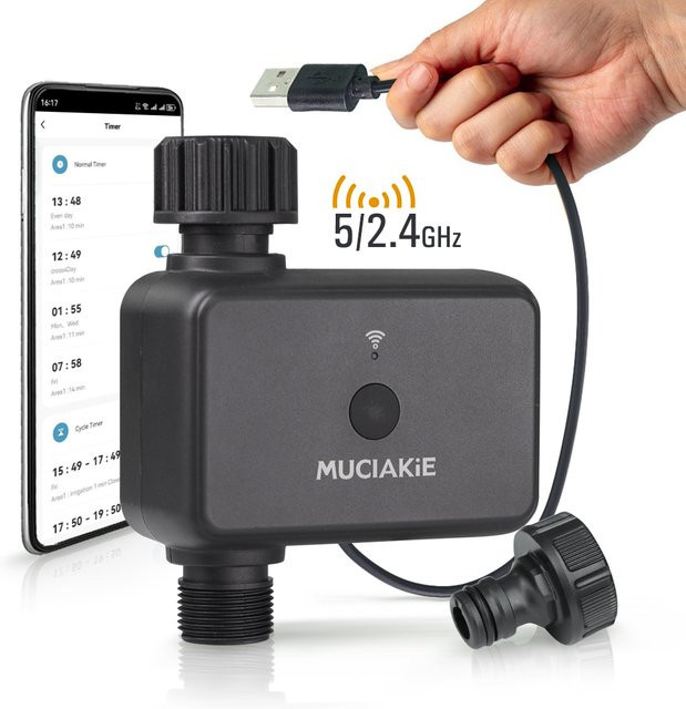 MUCIAKIE Dualband Smart Wassertimer N370 für Schlauchhahn, WLAN Bewässerungssteuerung 2,4 GHz und 5 GHz, Schwarz - Bild 1