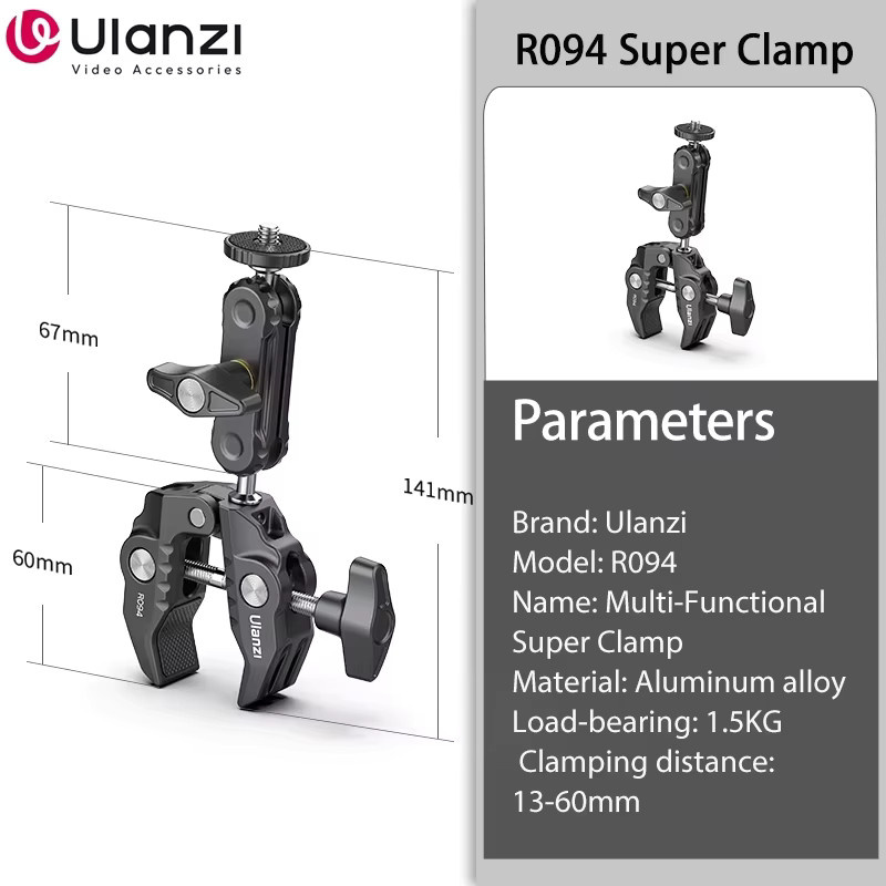 Ulanzi R094 Metall-Superklemme mit Doppelkugelkopf und Magic Arm in Schwarz für DSLR-Kamera, Monitor, Licht und Mikrofonhalterung mit 1/4" und 3/8" Gewinde - Bild 6