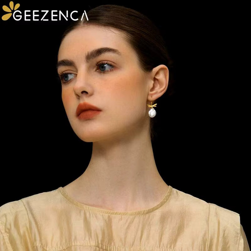 Geezenca Ohrringe, Libelle, Barock Perle, 925 Silber, Gold, Damen - Bild 4