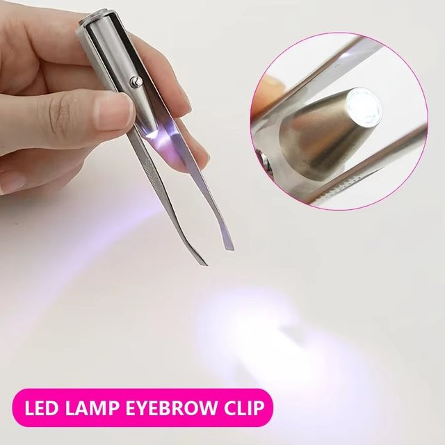 YUKU Augenbrauenpinzette mit LED-Beleuchtung, Edelstahl, schräge Spitze - Bild 1