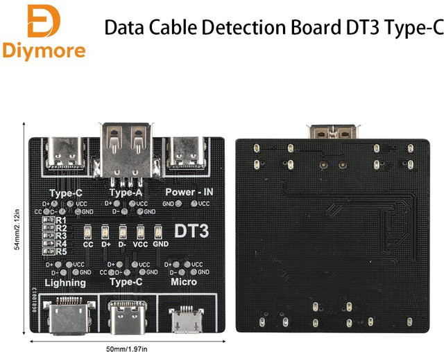 Diymore DT3 USB-C Datenkabel-Erkennungsplatine zur schnellen Fehlerdiagnose von defekten Kabeln in Schwarz - Bild 1