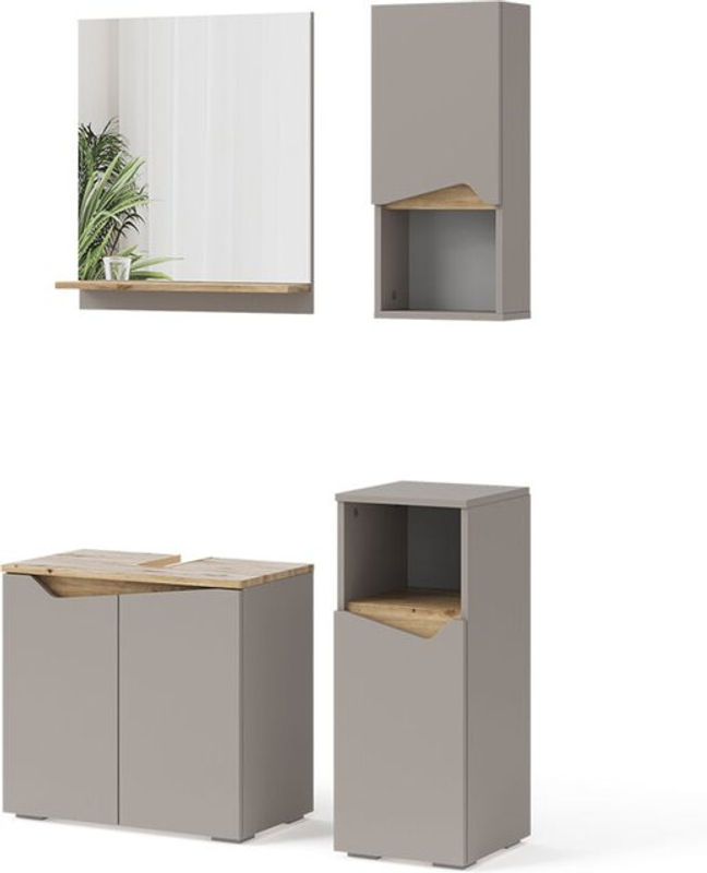 Vicco Badmöbel-Set Marelle in Greige und Eiche, 4-teilige Badezimmer-Kombination mit Badspiegel und Waschtischunterschrank - Bild 2