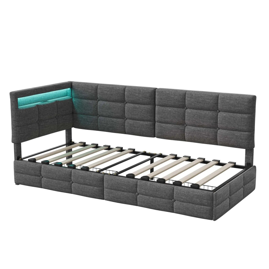PXloue Polsterbett Schlafsofa mit LED-Beleuchtung, Ladestation und Schubladen in Grau - Bild 2