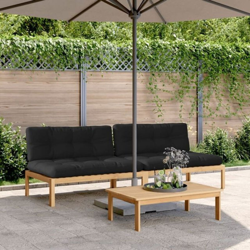 vidaxl Garten-Mittelsofas aus Akazienholz mit Kissen, 2er-Set, modular segmentiert, Schwarz - Bild 1