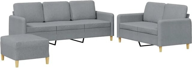 vidaXL 3-teilige Sofagarnitur in Hellgrau mit 3-Sitzer, 2-Sitzer und Ottoman aus Stoff inklusive Kissen - Bild 1