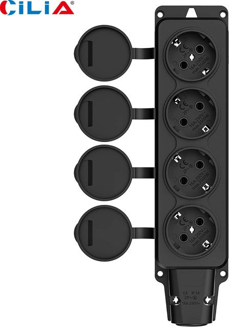 CILIA 3/4-Wege Outdoor Steckdose mit Regenschutzabdeckung, wasserdichte kabellose Erweiterungssteckdose IP54, 16A 3500W, Schwarz - Bild 1