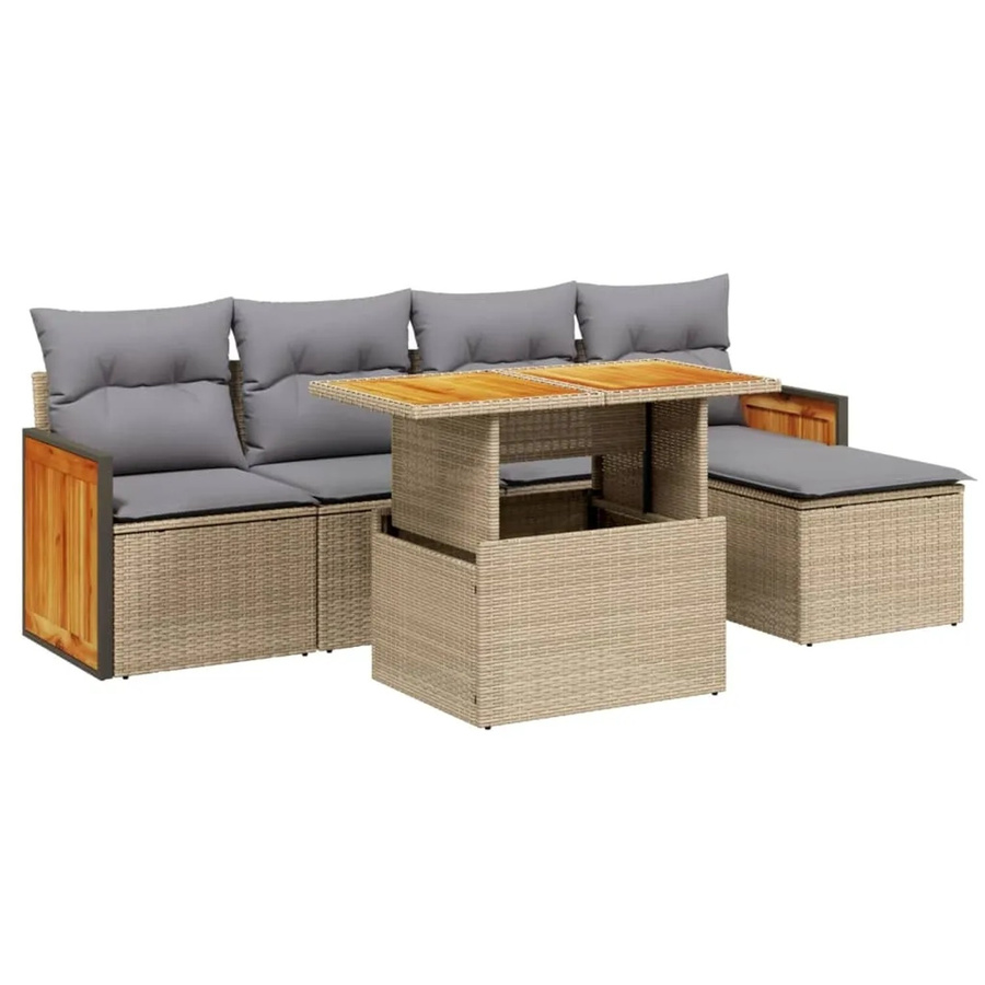 vidaXL 6-tlg Garten-Sofagarnitur in L-Form mit Kissen und Couchtisch, Beige, Poly Rattan und Akazienholz - Bild 2
