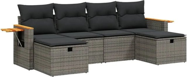 vidaXL 6-teilige Garten-Sofagarnitur in L-Form mit Polsterkissen und Ottoman, Grau, Poly Rattan und Metallrahmen - Bild 1