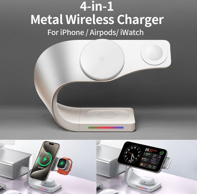 CrownQu 4-in-1 Magnetisches Kabelloses Ladegerät 15W Schnellladestation aus Metall in Silber für iPhone, AirPods und Apple Watch - Bild 1