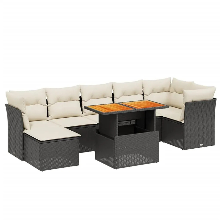 vidaXL 8-teilige Garten-Sofagarnitur in L-Form aus Polyrattan und Akazienholz mit Kissen in Schwarz und Cremeweiß - Bild 2