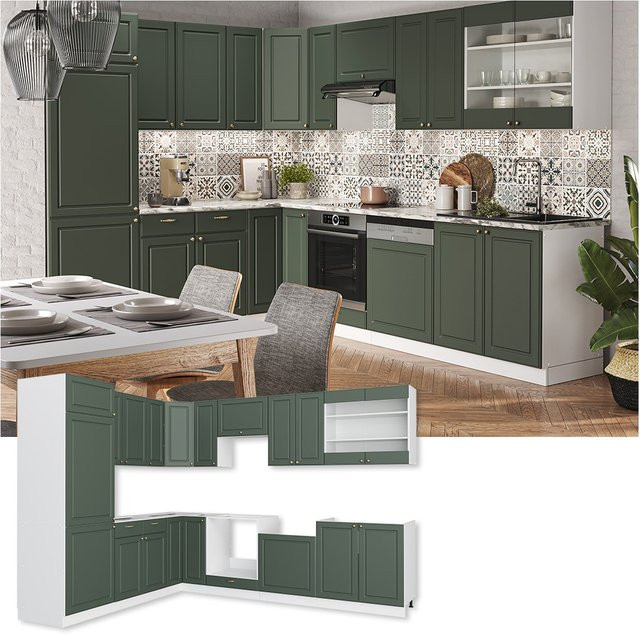 Vicco Eckküche Fame-Line Einbauküche im Landhausstil, Weiß-Grün-Gold, B/T/H: 227 x 60 x 287 cm - Bild 1