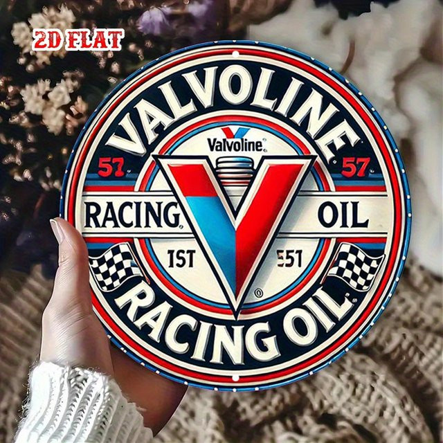 Valvoline Vintage Racing Oil Metallblechschild rund mit karierten Flaggen und Retro-Logo, Durchmesser: 20 cm, Mehrfarbig - Bild 1