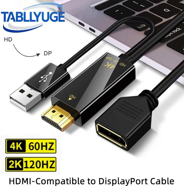 TABLLYUGE DisplayPort auf HDMI Konverterkabel in Schwarz mit USB-Stromversorgung für 4K UHD @60Hz, kompatibel mit PC, Laptop und Xbox - Bild 1