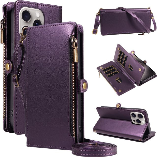 Xiaomi Flip-Cover Schutzhülle für Redmi Note 8/9/10/11/12/13/14/15 Pro in Lila mit Kartenfächern, Geldbörse, Münzfach mit Reißverschluss, Umhängegurt und Ständer aus Kunstleder - Bild 1