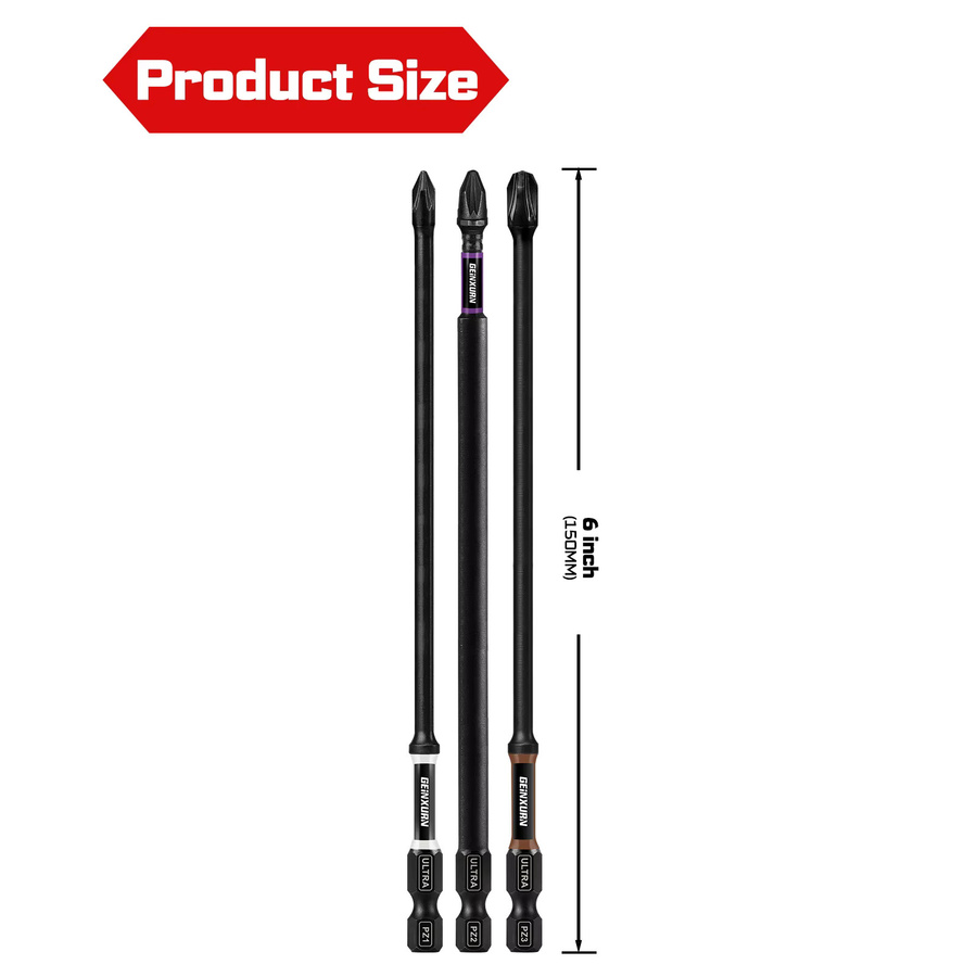 Geinxurn-Impact Set mit 2 magnetischen Pozidriv-Schraubendreher-Bits aus S2-Stahl, PZ1/2/3, 6 Zoll mit farbcodierter Basis - Bild 2